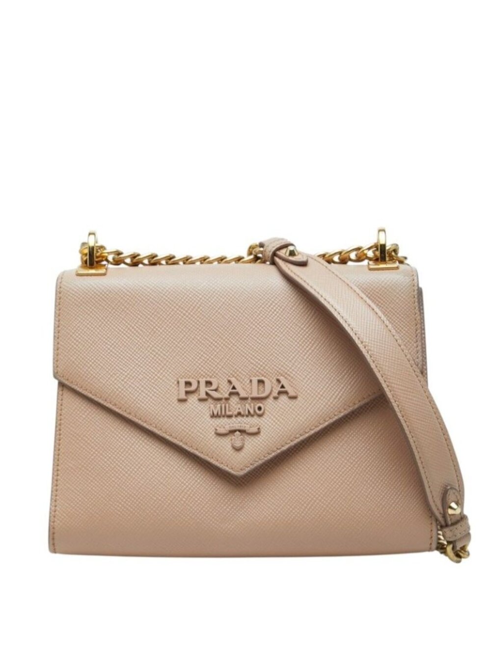 Prada Logo Chain Shoulder Bag Beige Saffiano Leather